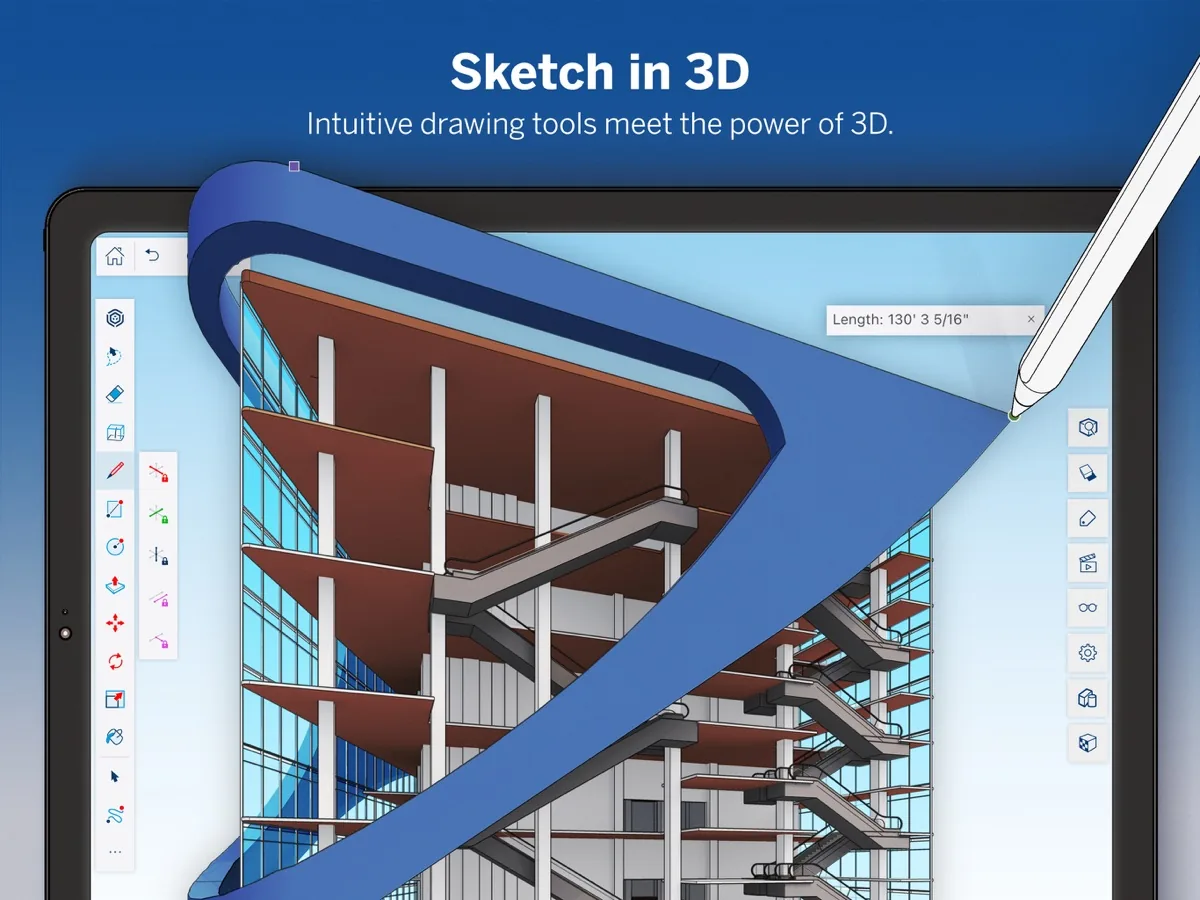 Offizieller SketchUp-für-iPad-App-Store-Screenshot mit 3D-Modell und Apple-Pencil-Werkzeugen
