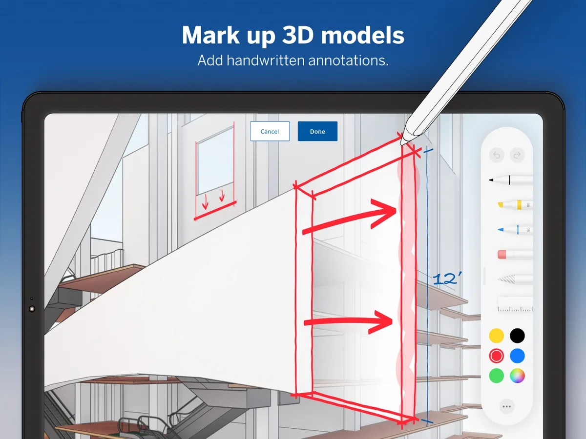 Offizieller SketchUp-für-iPad-App-Store-Screenshot mit handschriftlicher 3D-Modellmarkierung
