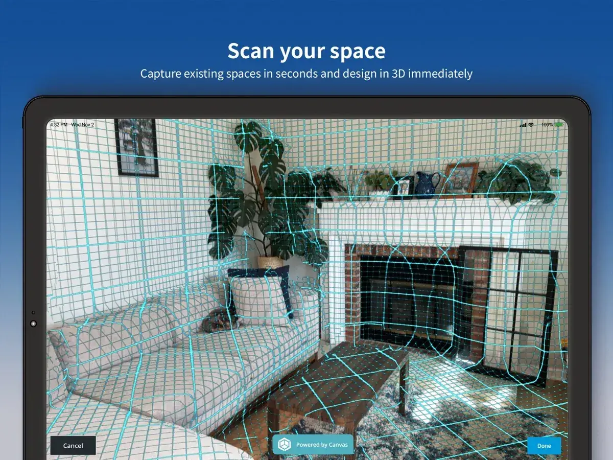 Offizieller SketchUp-für-iPad-App-Store-Screenshot mit Raumscan und 3D-Aufnahmeraster