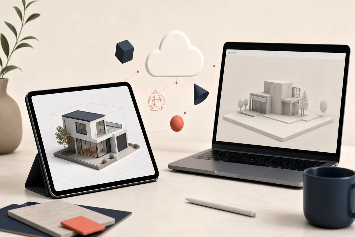 Ilustración editorial de un modelo 3D que pasa de una tableta a un portátil con navegador