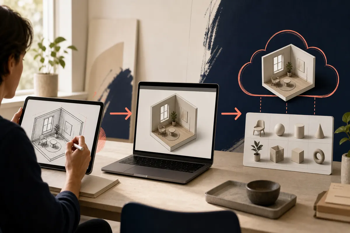 Ilustración editorial de un modelo de habitación que pasa del iPad al navegador y a un espacio compartido
