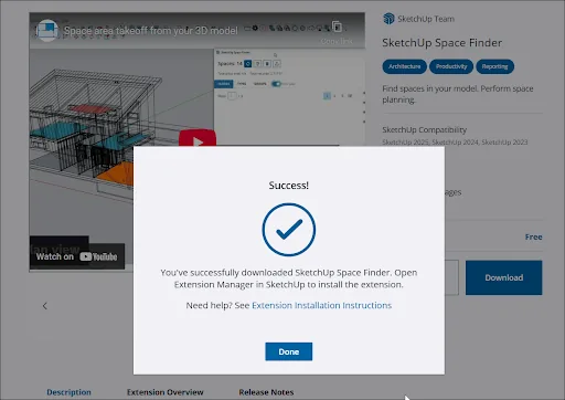 Message officiel Extension Warehouse indiquant la suite après le téléchargement