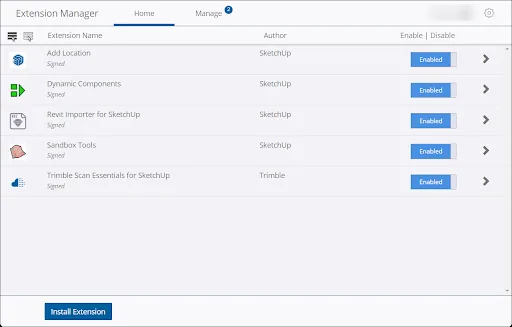 Écran officiel Extension Manager de SketchUp avec les extensions installées
