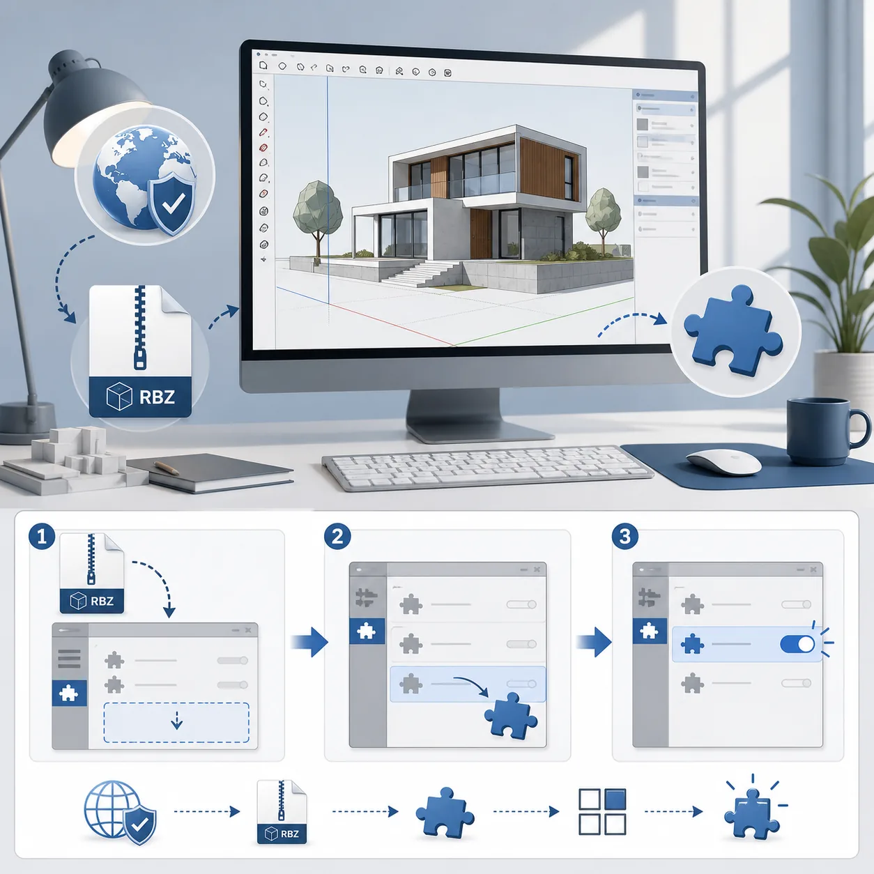 Illustration non officielle du flux d'installation d'un plugin SketchUp avec RBZ et Extension Manager