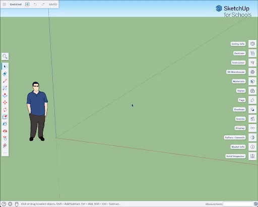 모델링 도구가 보이는 SketchUp for Schools 공식 브라우저 화면
