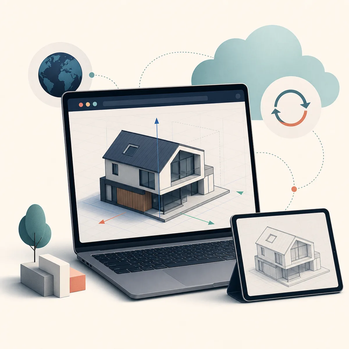 Conceptual illustration of browser-based 3D modeling moving between a laptop and tablet