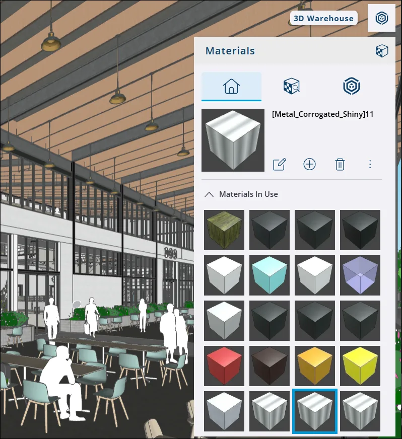Official SketchUp for Web Materials panel with materials in use