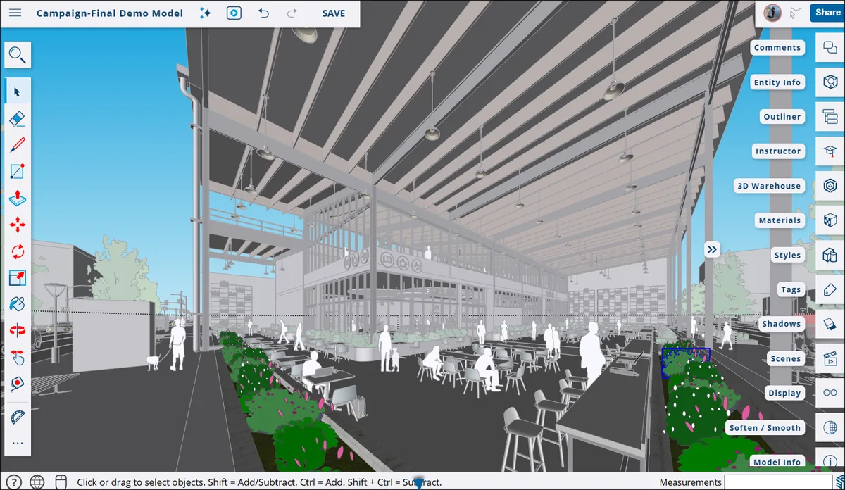Official SketchUp for Web workspace showing a detailed architectural model in the browser